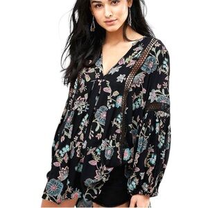 Free People Just The Two Of Us Black Floral Boho Swing Long Sleeve Tunic